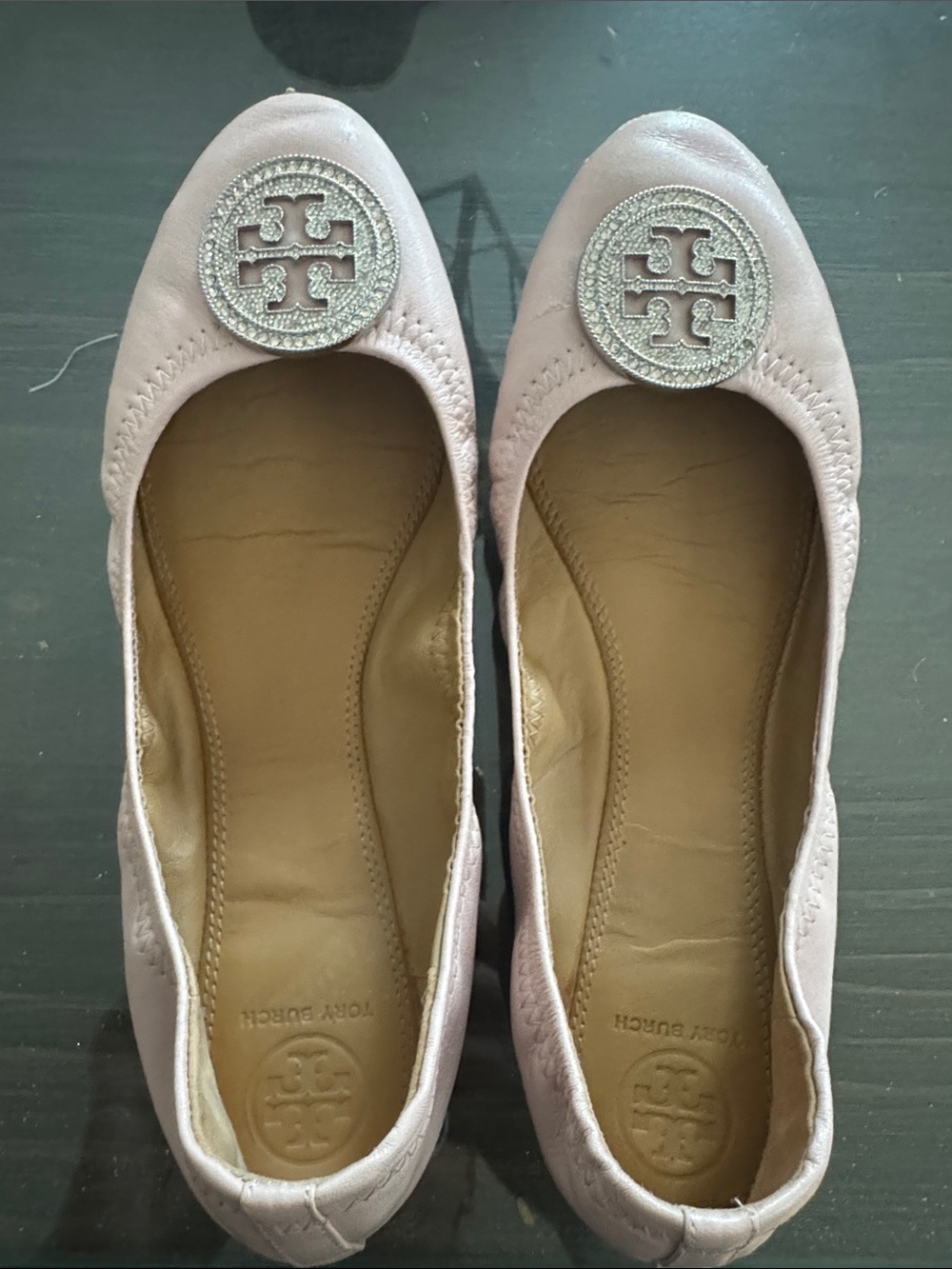 Tory Burch Blush Pink Logo Round-Toe Ballet Flats